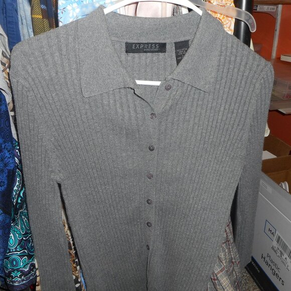 EXPRESS: RIBBED CARDIGAN SWEATER, SZ L, GRAY - Picture 1 of 7